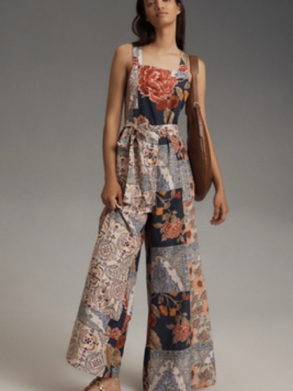 Floral Patchwork Wide-Leg Jumpsuit - Navy & Rust